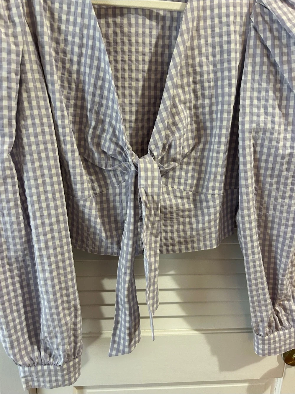 Anthropologie Lavender Gingham Tie-Front Puff Sleeve Blouse